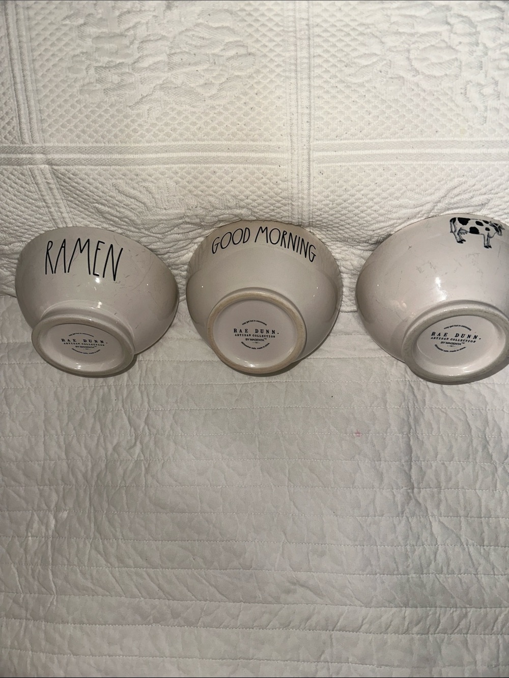 3 Rae Dunn cereal bowls good morning, moo, and Ramen   Cow on Moo bowl